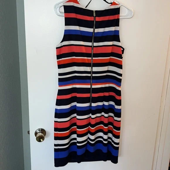 Vince Camuto Lined Navy, Blue, White & Coral Striped Dress - Picture 6 of 11